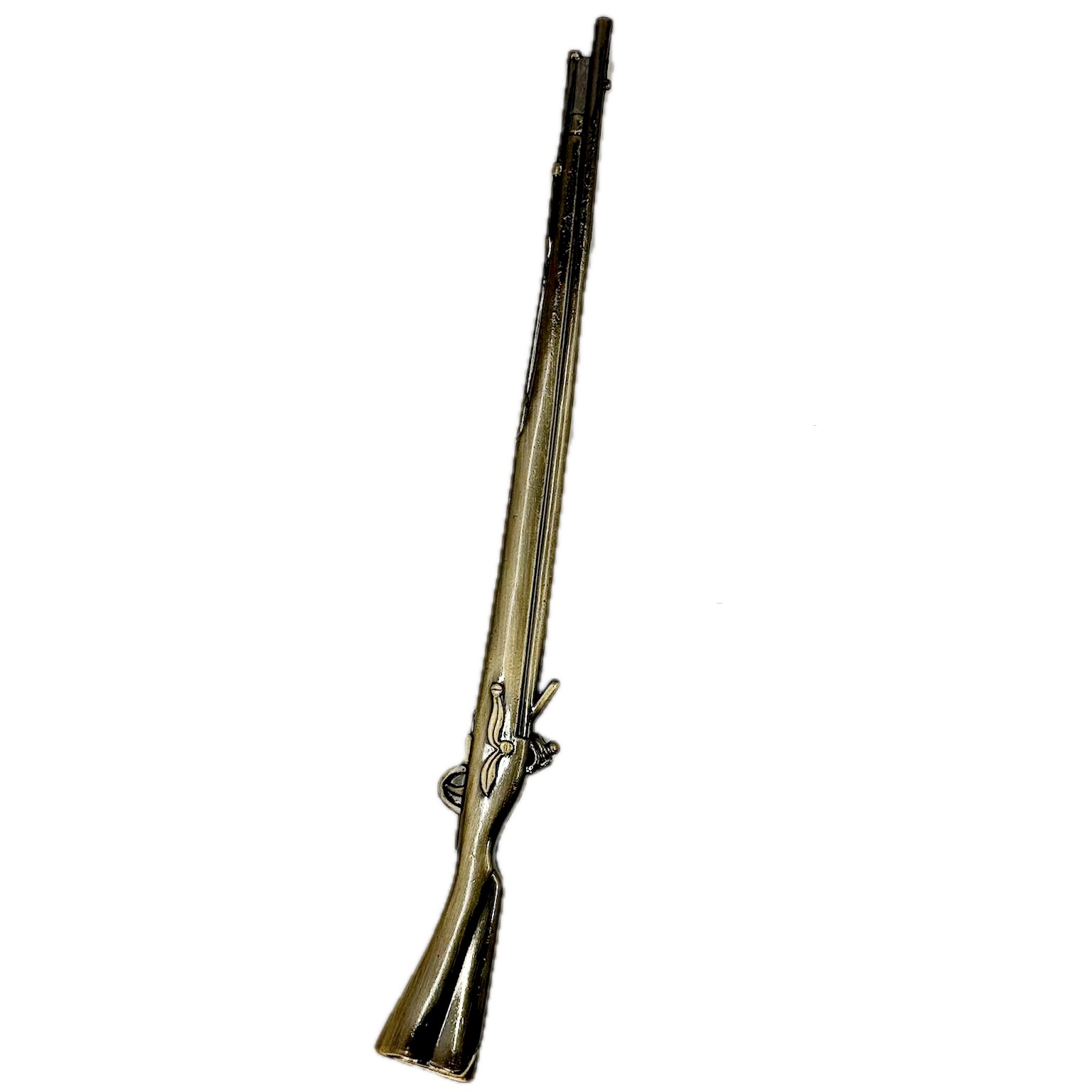 Decorative replica pewter cast musket on a white background