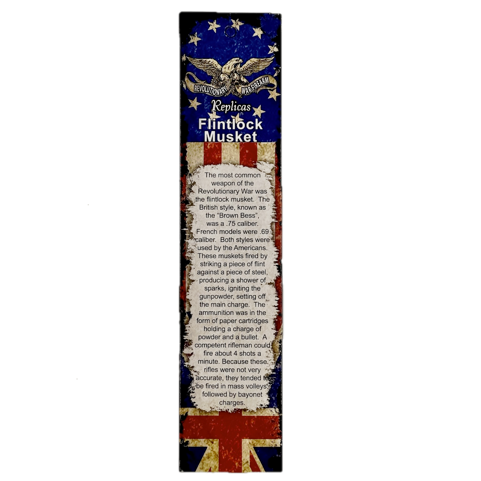 Flintlock musket replica packaging with text and flag design on a white background