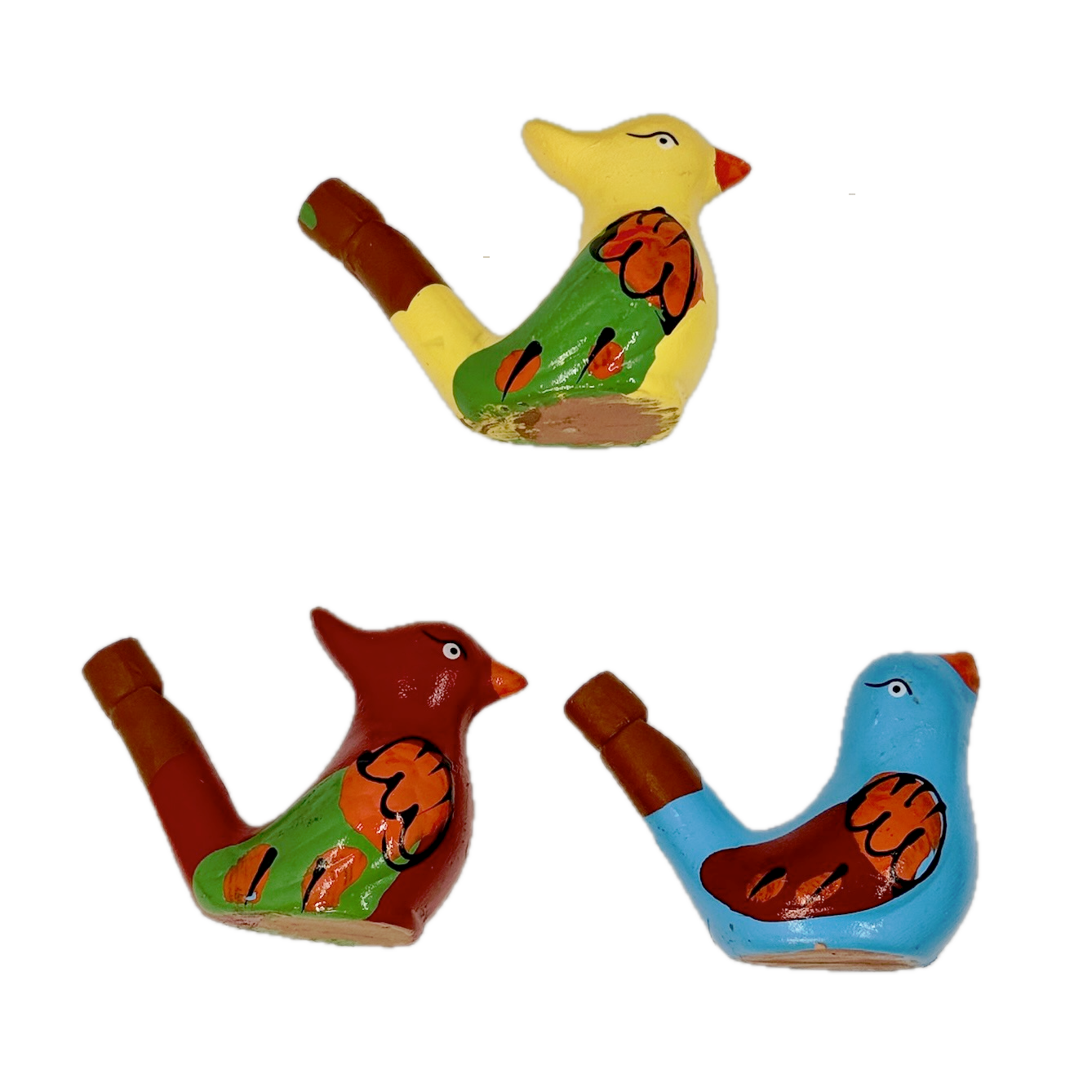Three bird whistles with different color schemes on a white background