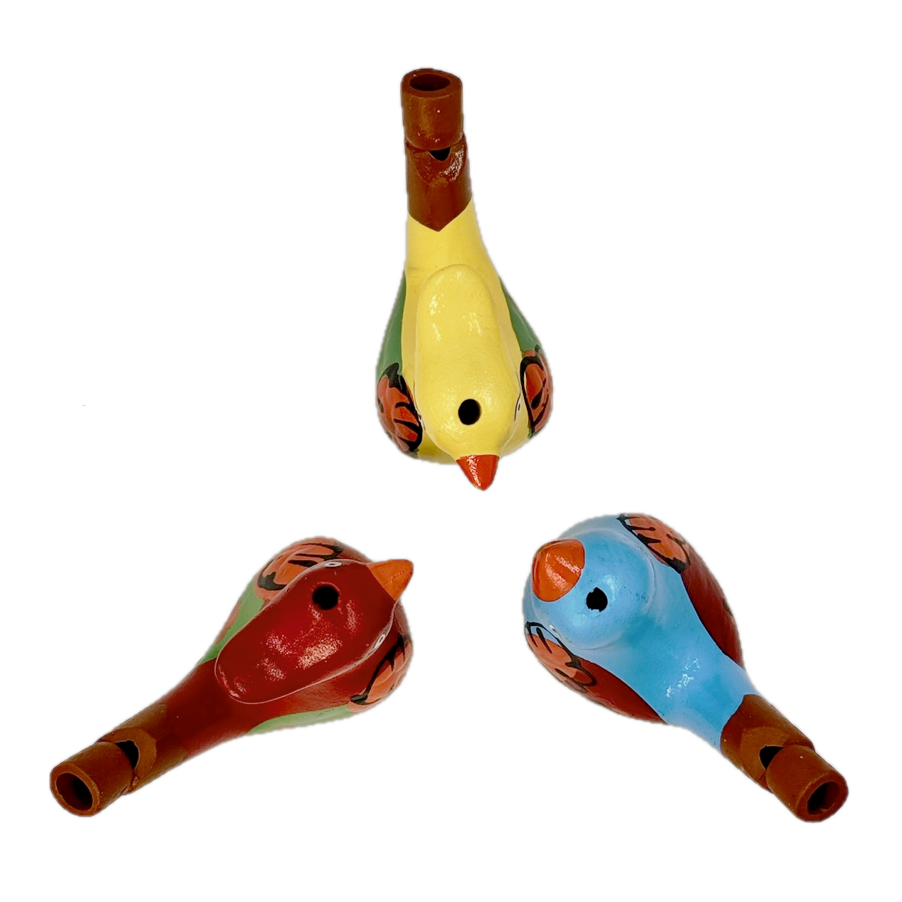 Three colorful bird-shaped whistles on a white background