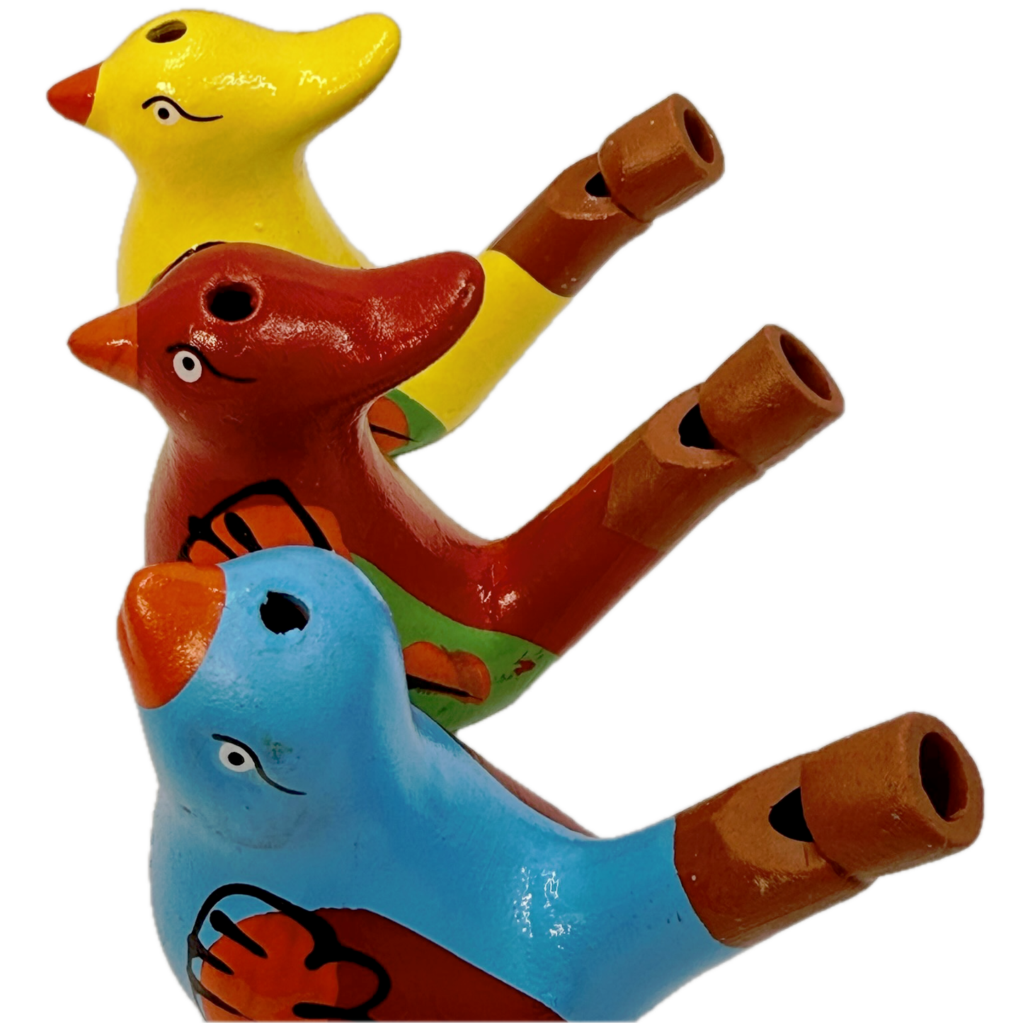 Three bird-shaped whistles in yellow, red, and blue on a white background