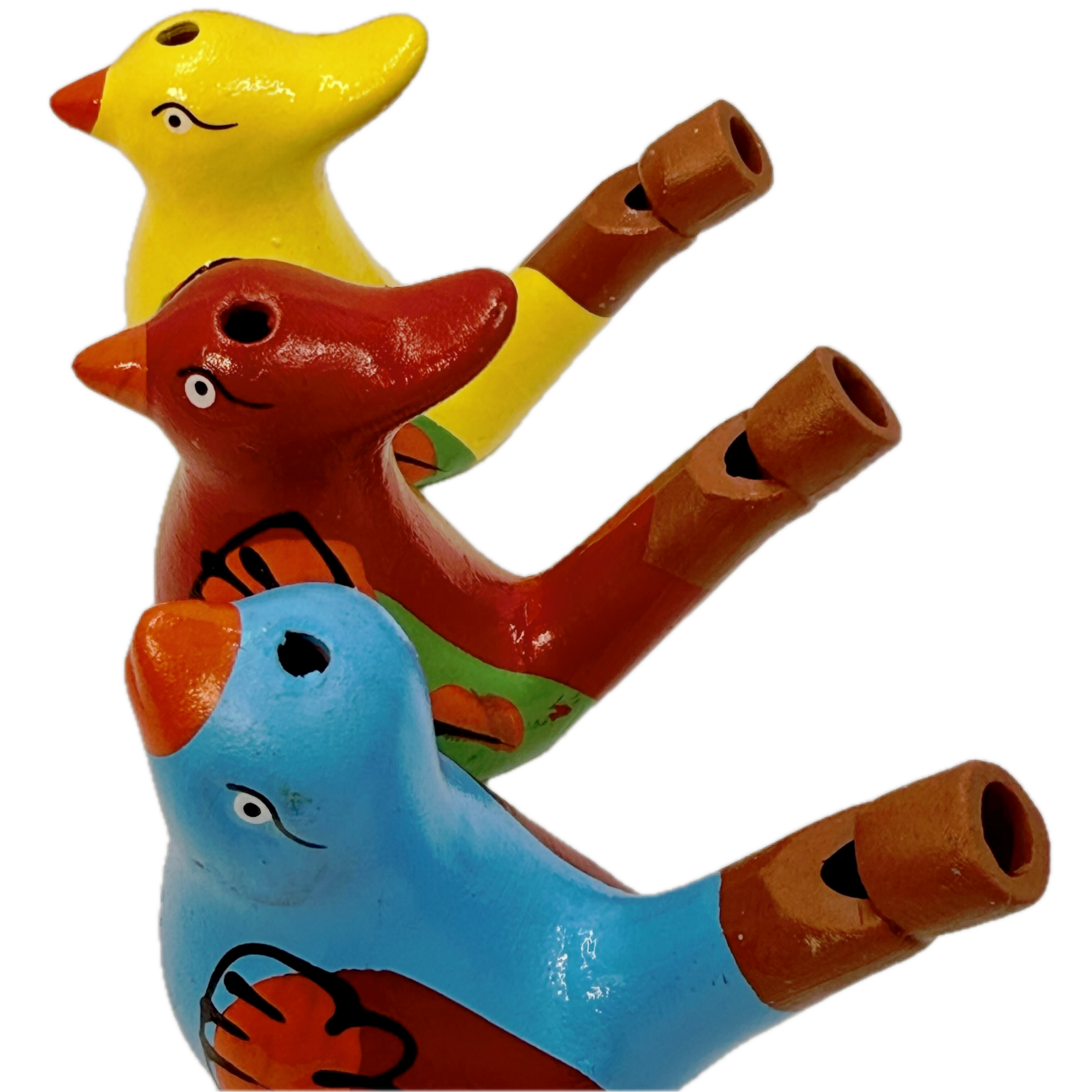 Three bird-shaped whistles in yellow, red, and blue on a white background