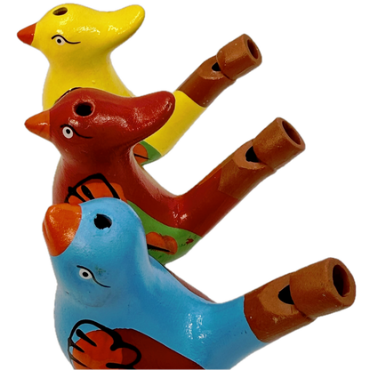 Three bird-shaped whistles in yellow, red, and blue on a white background