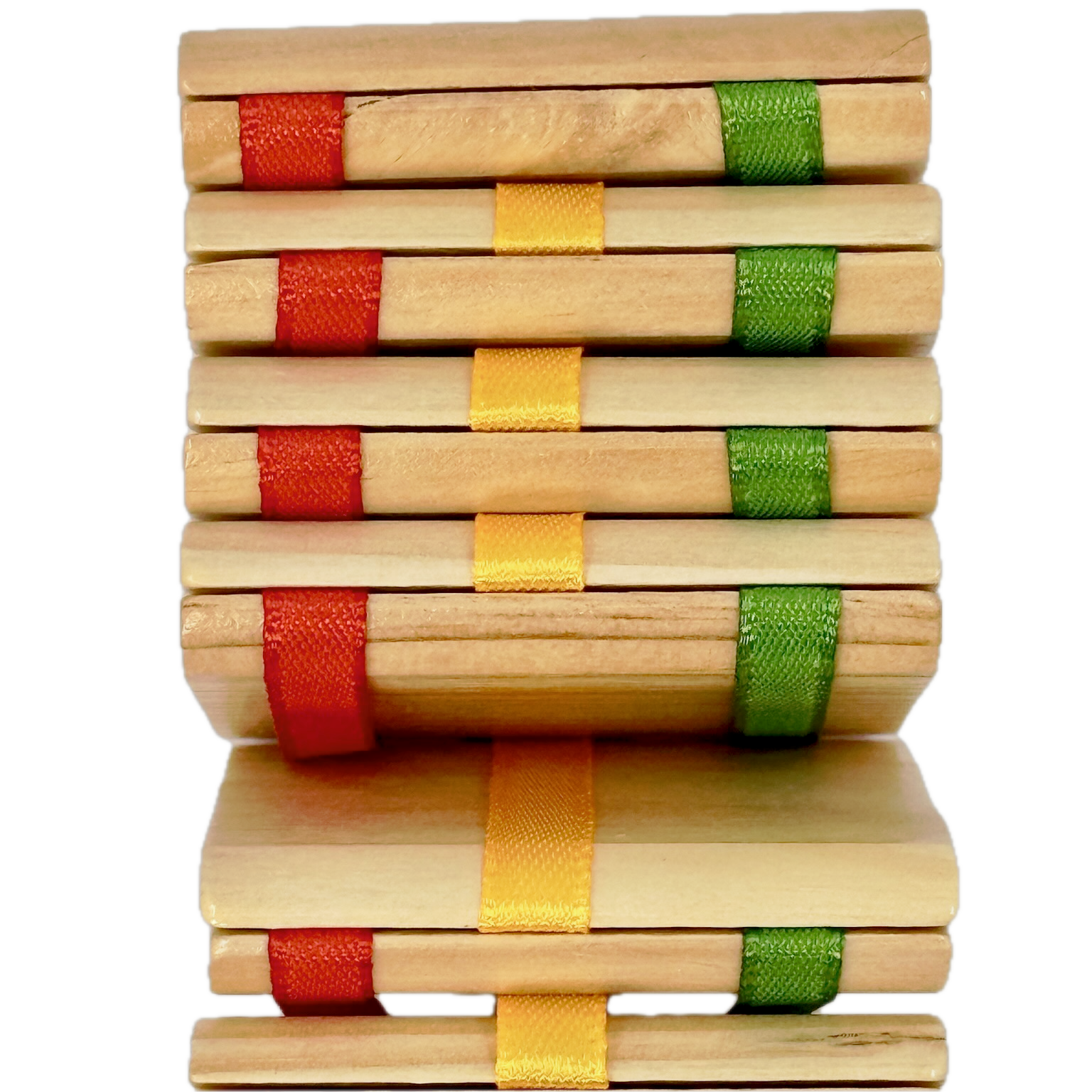 Jacob's Ladder toy with colorful ribbon bindings on a white background