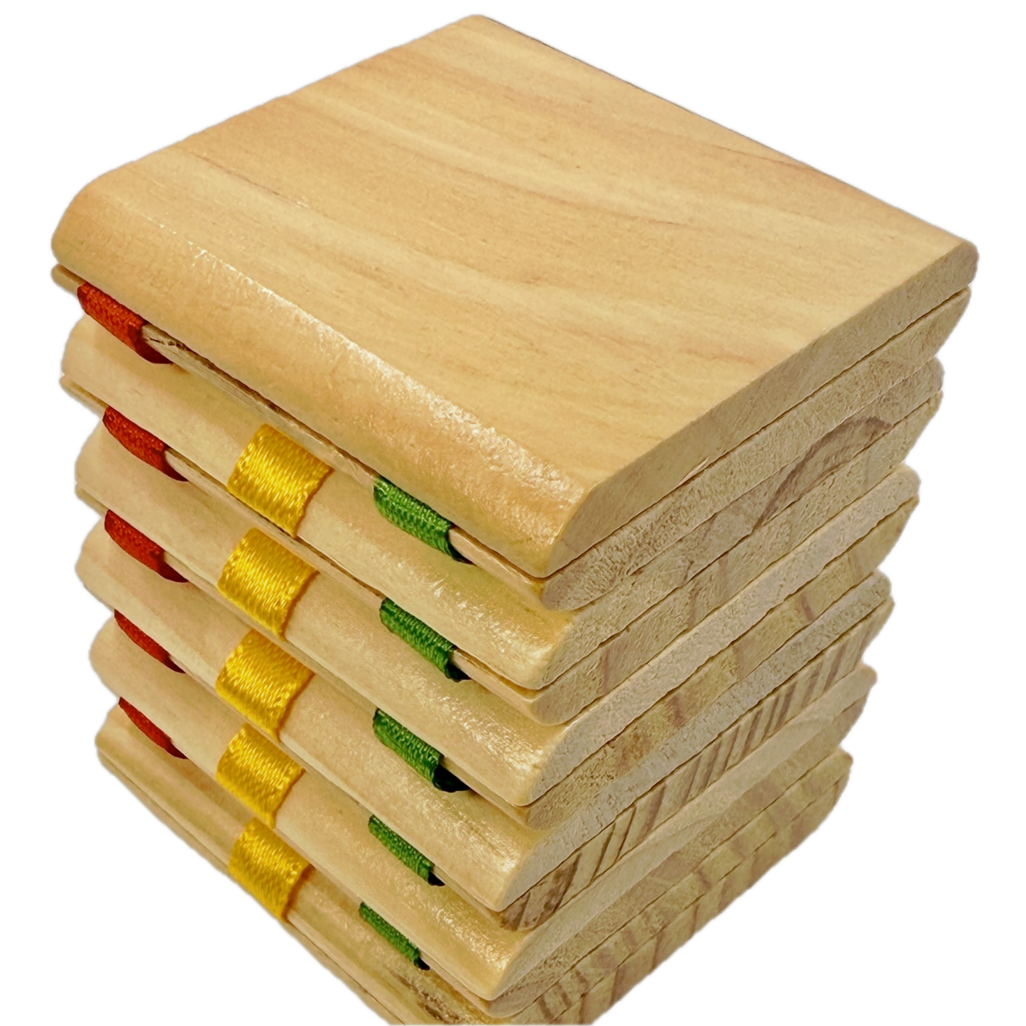 Jacob's Ladder toy with colorful ribbon bindings on a white background