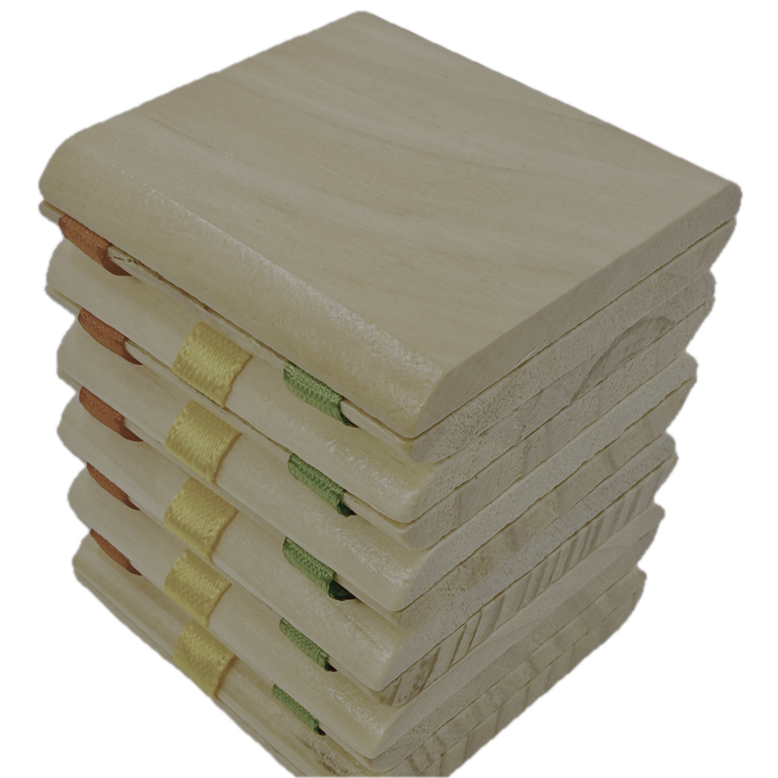 Jacob's Ladder toy with colorful ribbon bindings on a white background