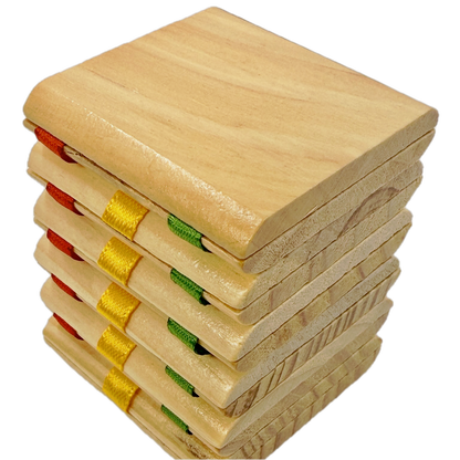 Jacob's Ladder toy with colorful ribbon bindings on a white background
