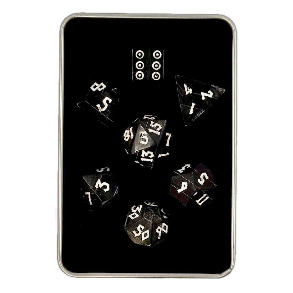 Black polyhedral horn dice set in a box on a white background