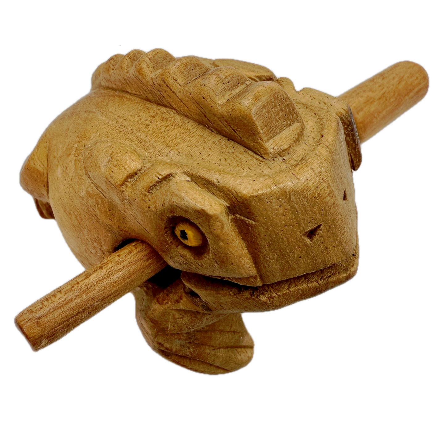 Wooden Croaky Frog toy with a stick in its mouth on a white background
