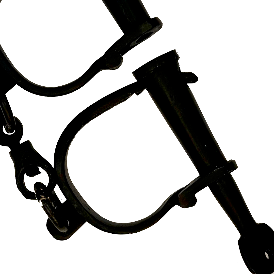 Close-up of black iron shackles on a white background