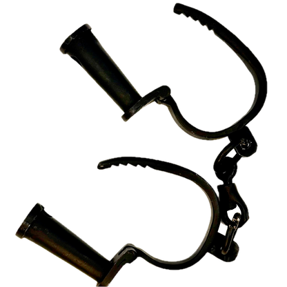 Black metal shackles on a white background