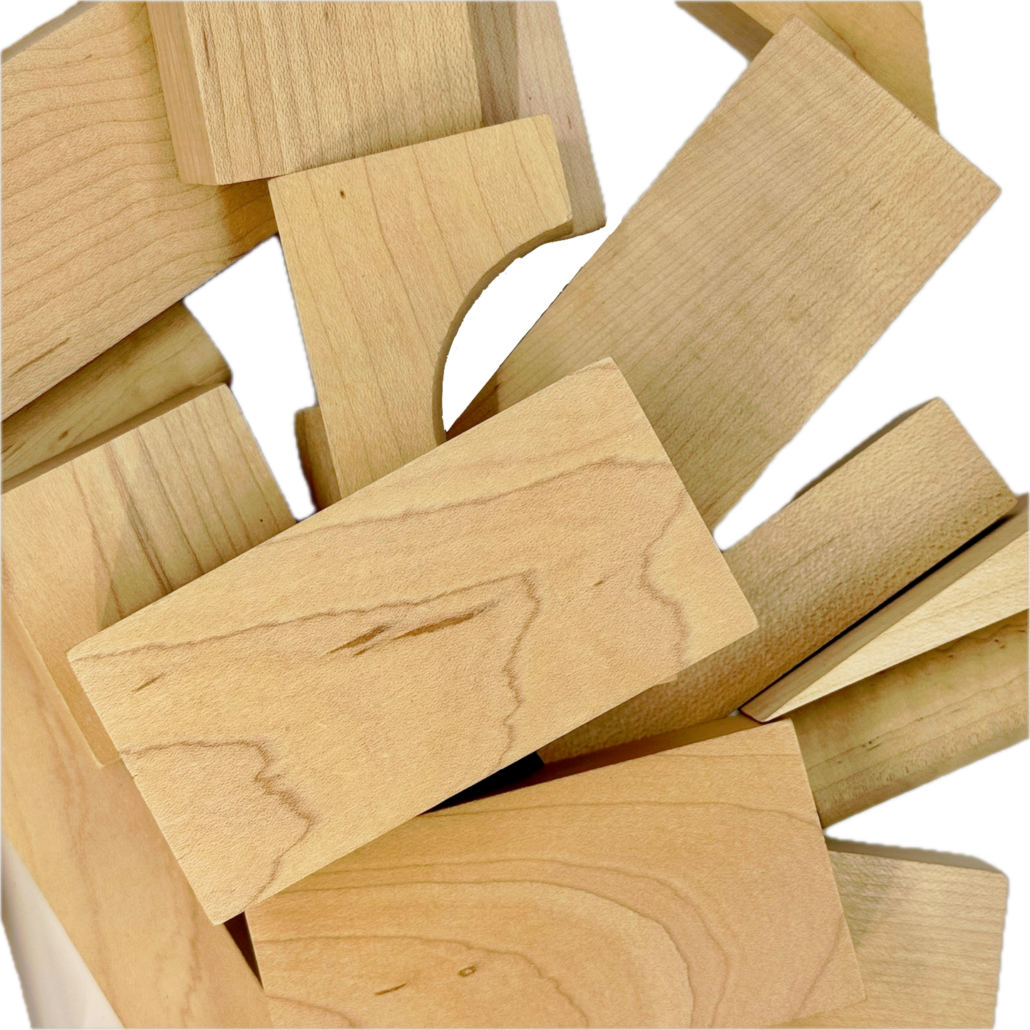 Collection of wooden blocks on a white background