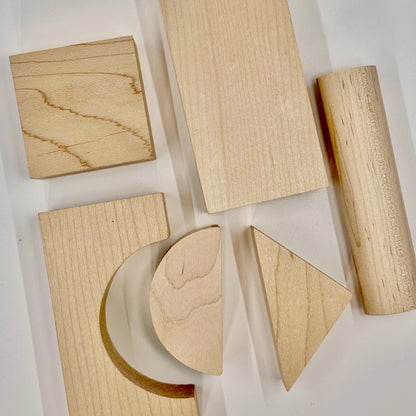 Set of wooden geometric shape blocks on a white background