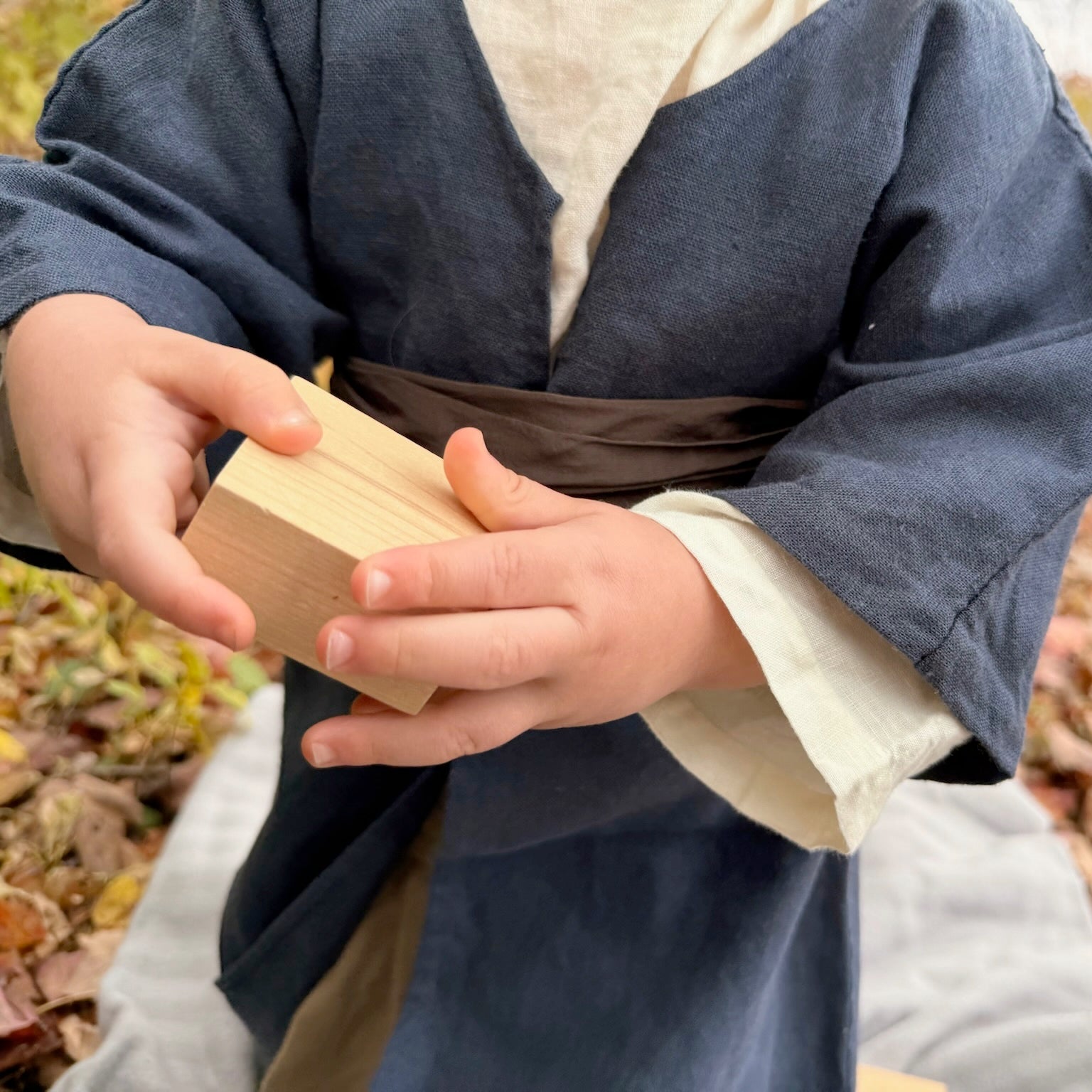 Child holding a wooden block outdoors wearing blue colonial attire