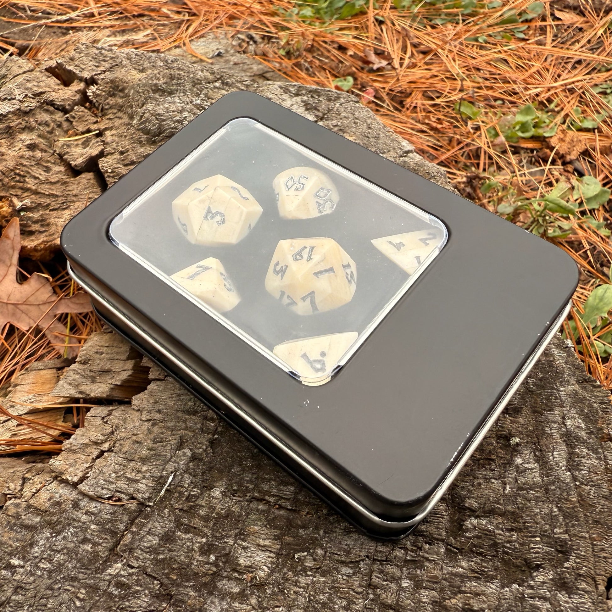 Set of bone dice in a black box on a wooden surface with leaves in the background
