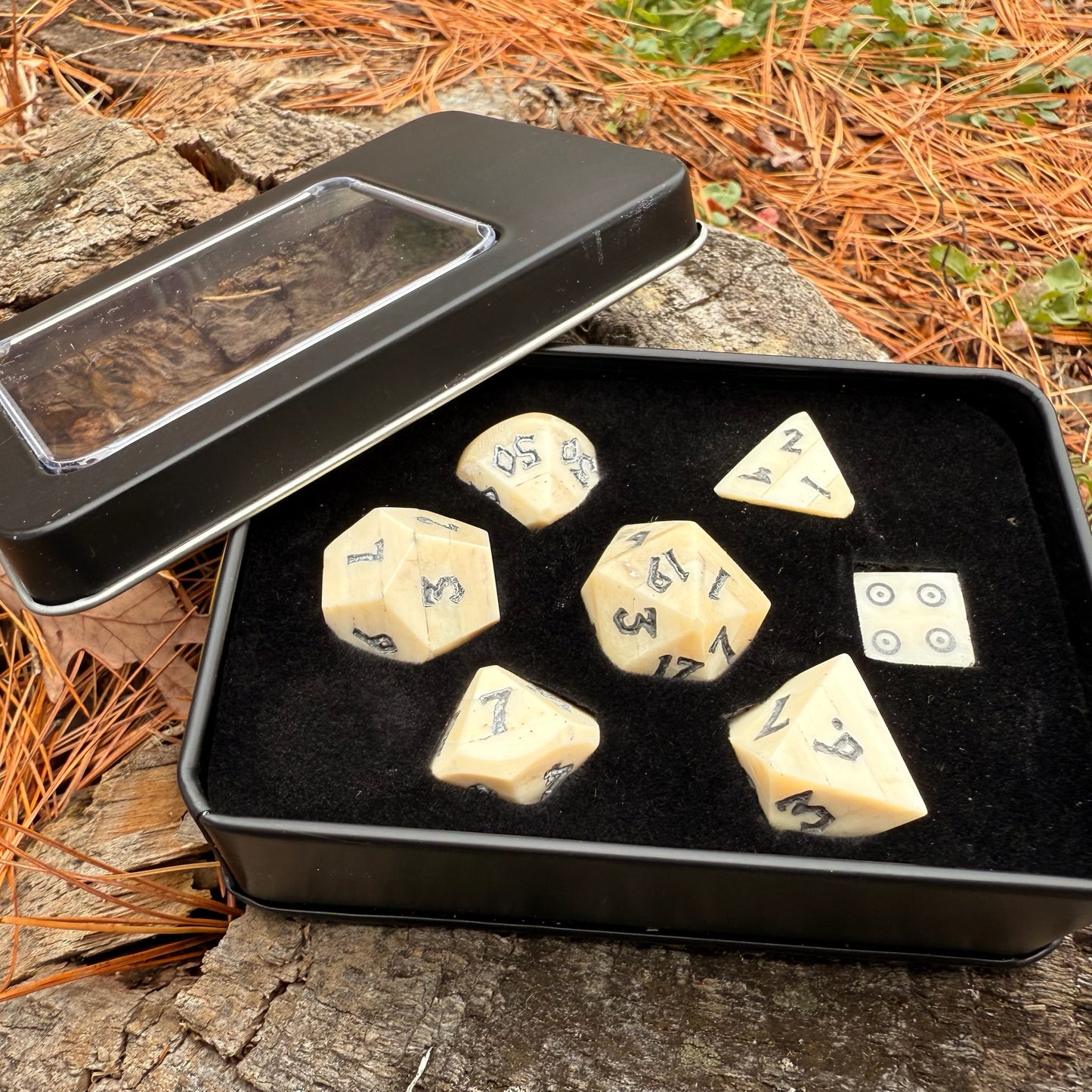 Set of bone dnd dice in a black metal case on a natural background