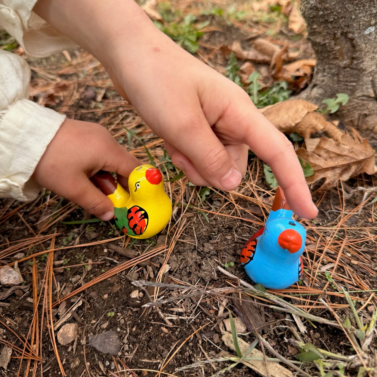Child's hands playing with colorful bird whistles on the ground