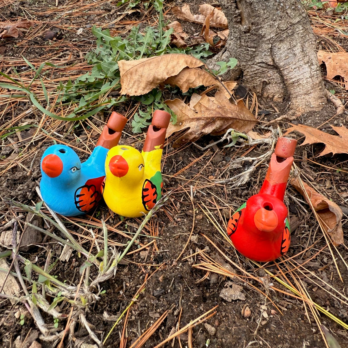 Three colorful bird-shaped whistles on a natural ground background