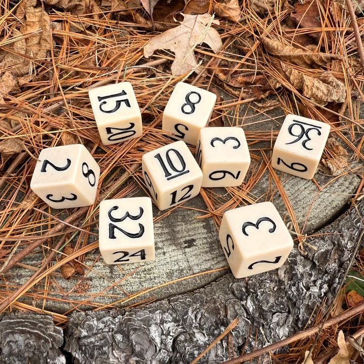 Dice with numbers on a wooden surface with pine needles