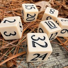 Numbered dice on a textured surface with natural elements