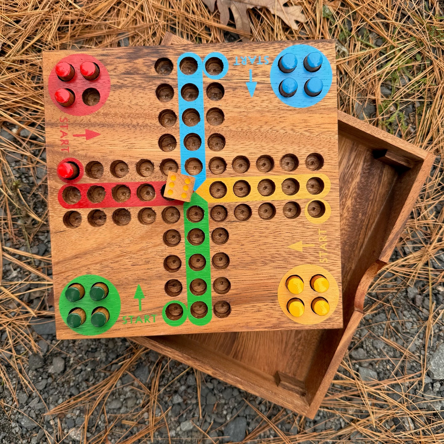 Wooden Ludo game board with colorful pegs on a natural background