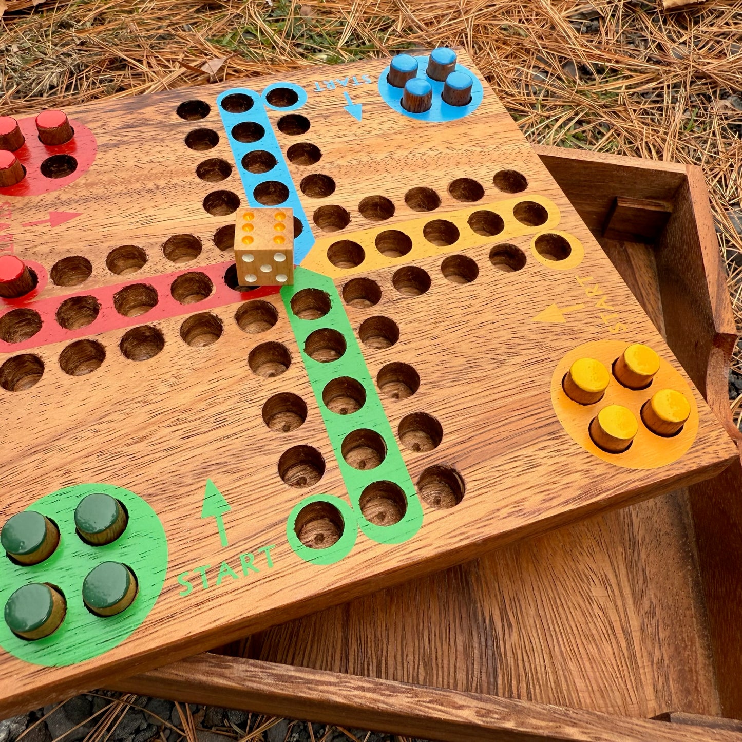 Wooden Ludo board game with colorful pegs and dice on a natural background