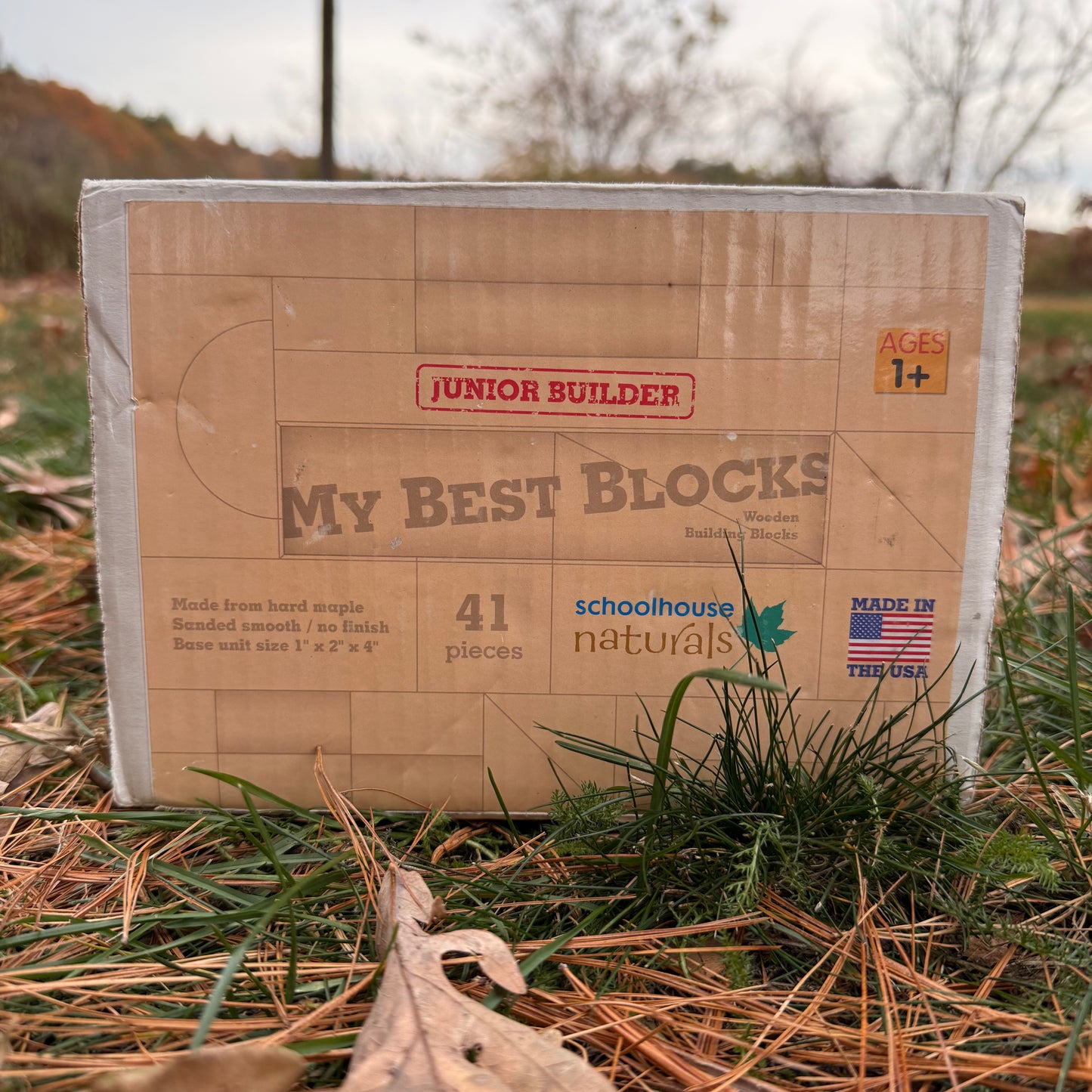 Cardboard box of 'Junior Builder My Best Blocks' wooden building blocks by Schoolhouse Naturals on a grass surface.