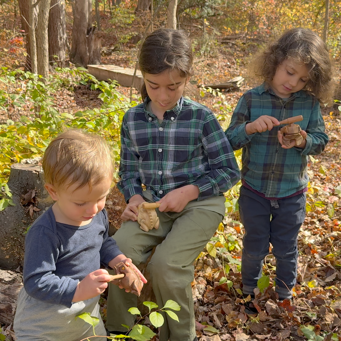 Three children in a forest setting, playing with Croaky Frog toys.
